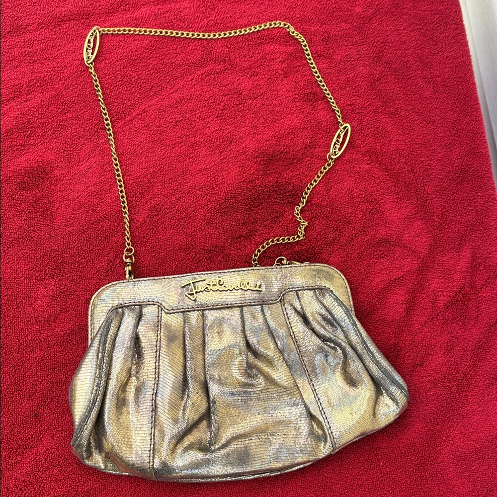 Just Cavalli Iridescent Metallic Clutch in Metallic Gold